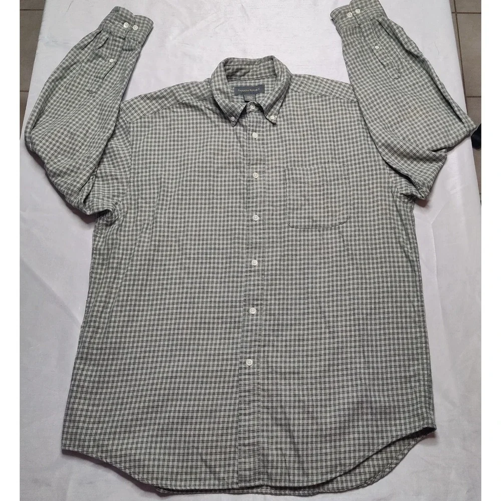 BANANA REPUBLIC Men Large‎ Green Check Medium-Weight Cotton Button Shirt